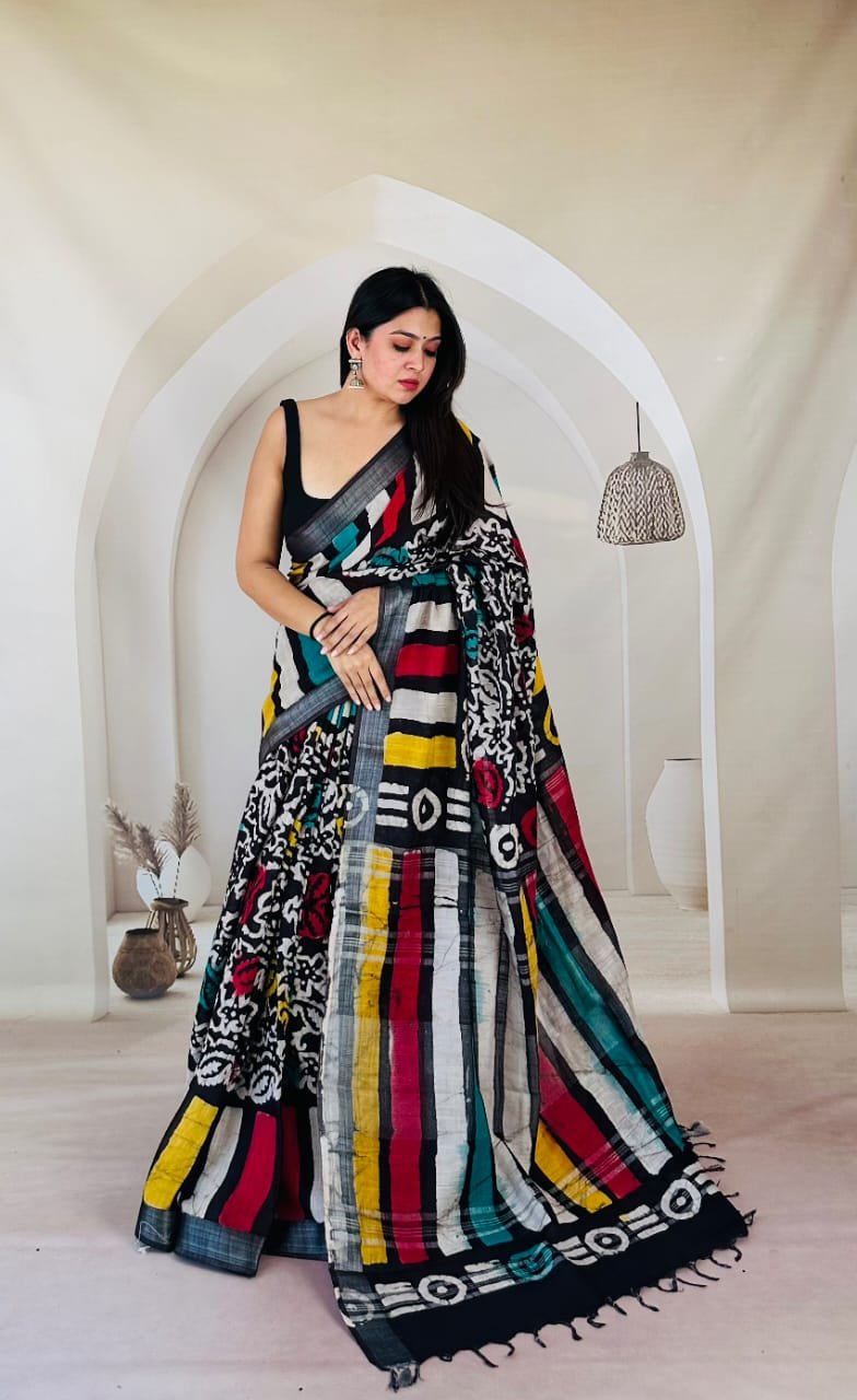 Hand Block Printed Linen Saree with Blouse